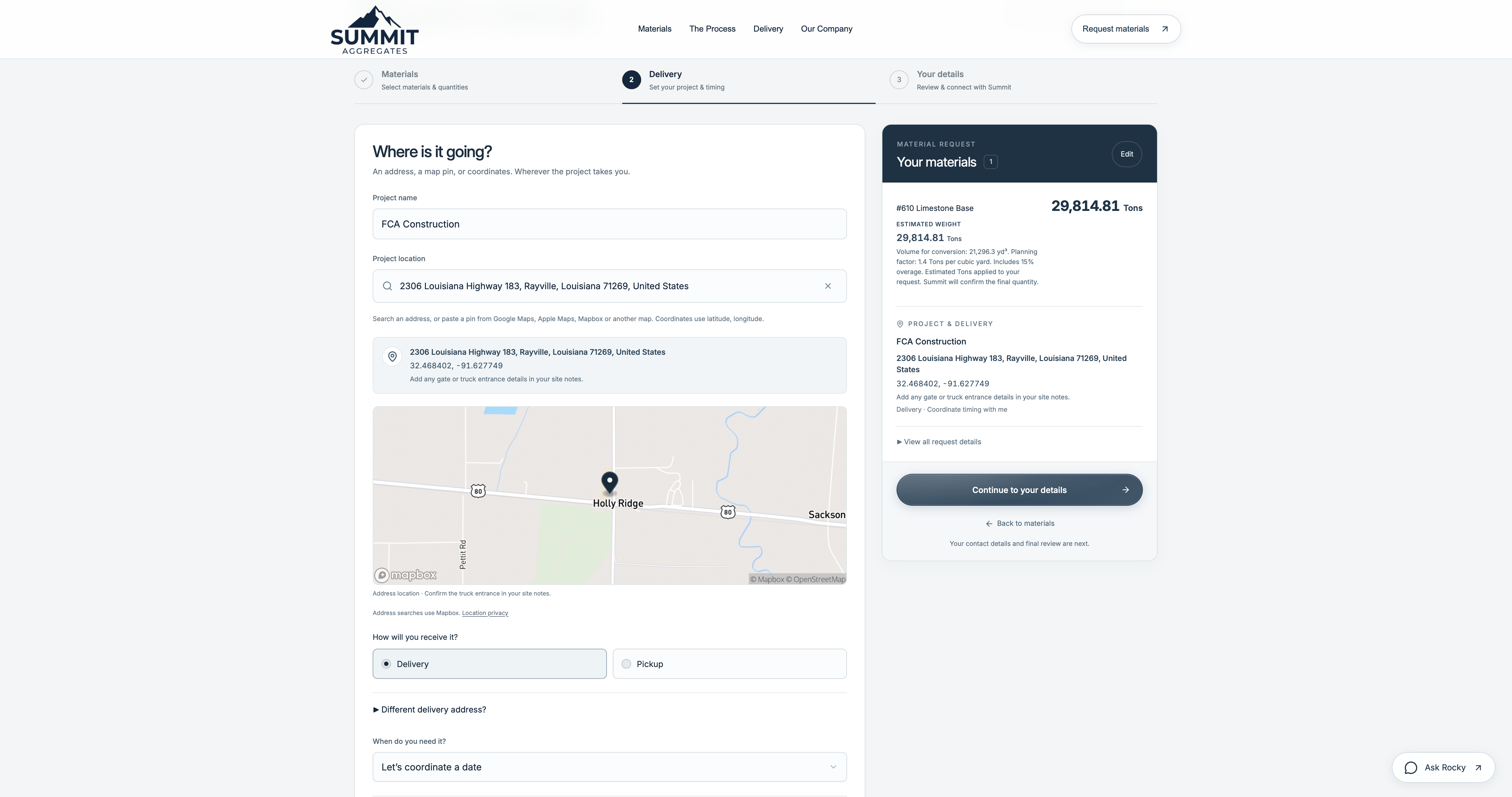 Summit Aggregates™ delivery planning interface showing the project location, map pin, material quantities and delivery scheduling.