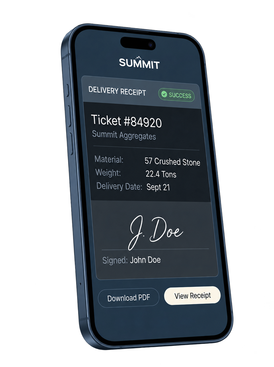 Summit Aggregates™ electronic delivery receipt illustration on a phone, showing the material, delivered weight and receiving signature.