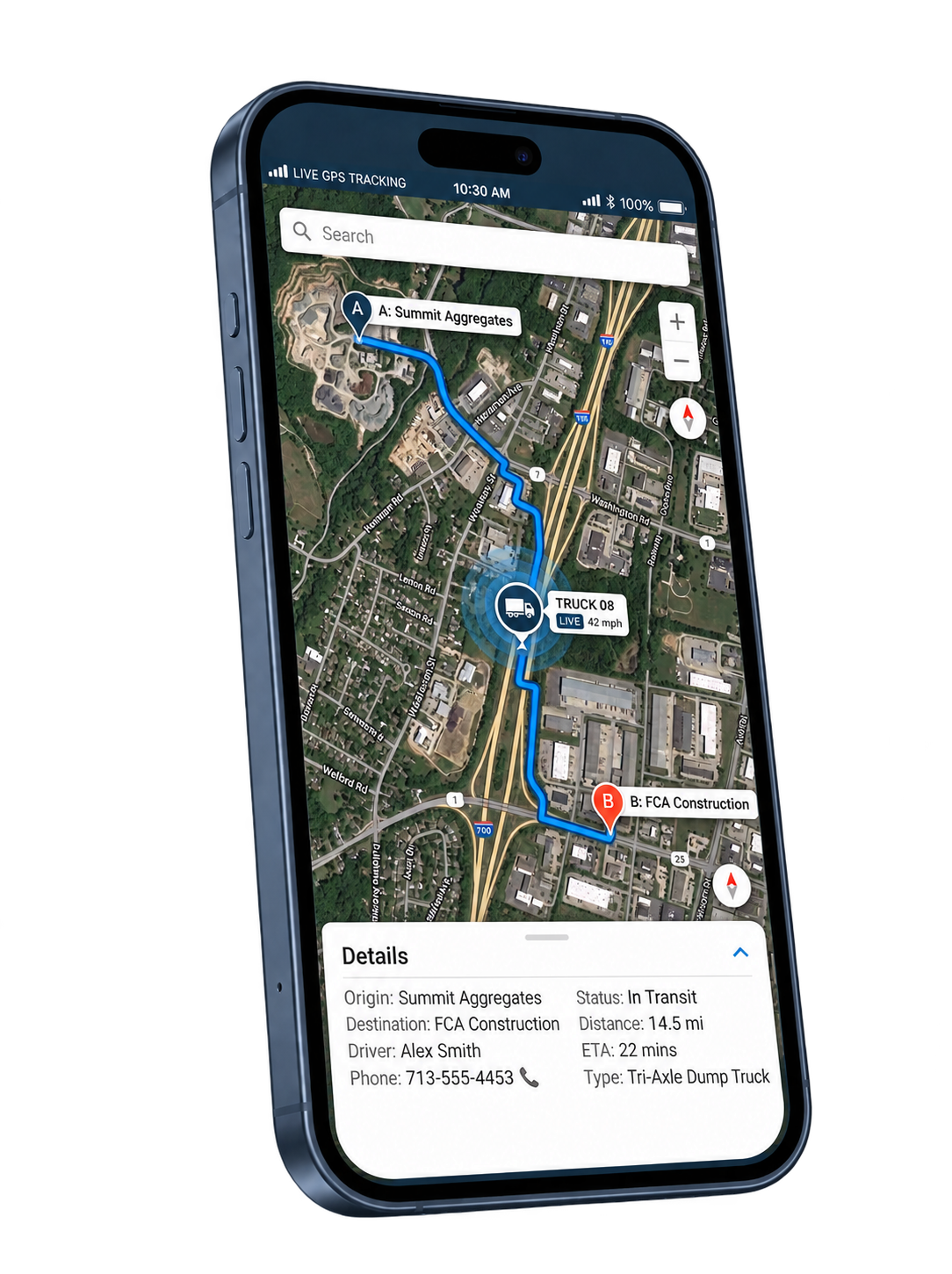 Delivery tracking illustration showing a truck’s route from Summit Aggregates™ to the destination, with delivery status and arrival details.