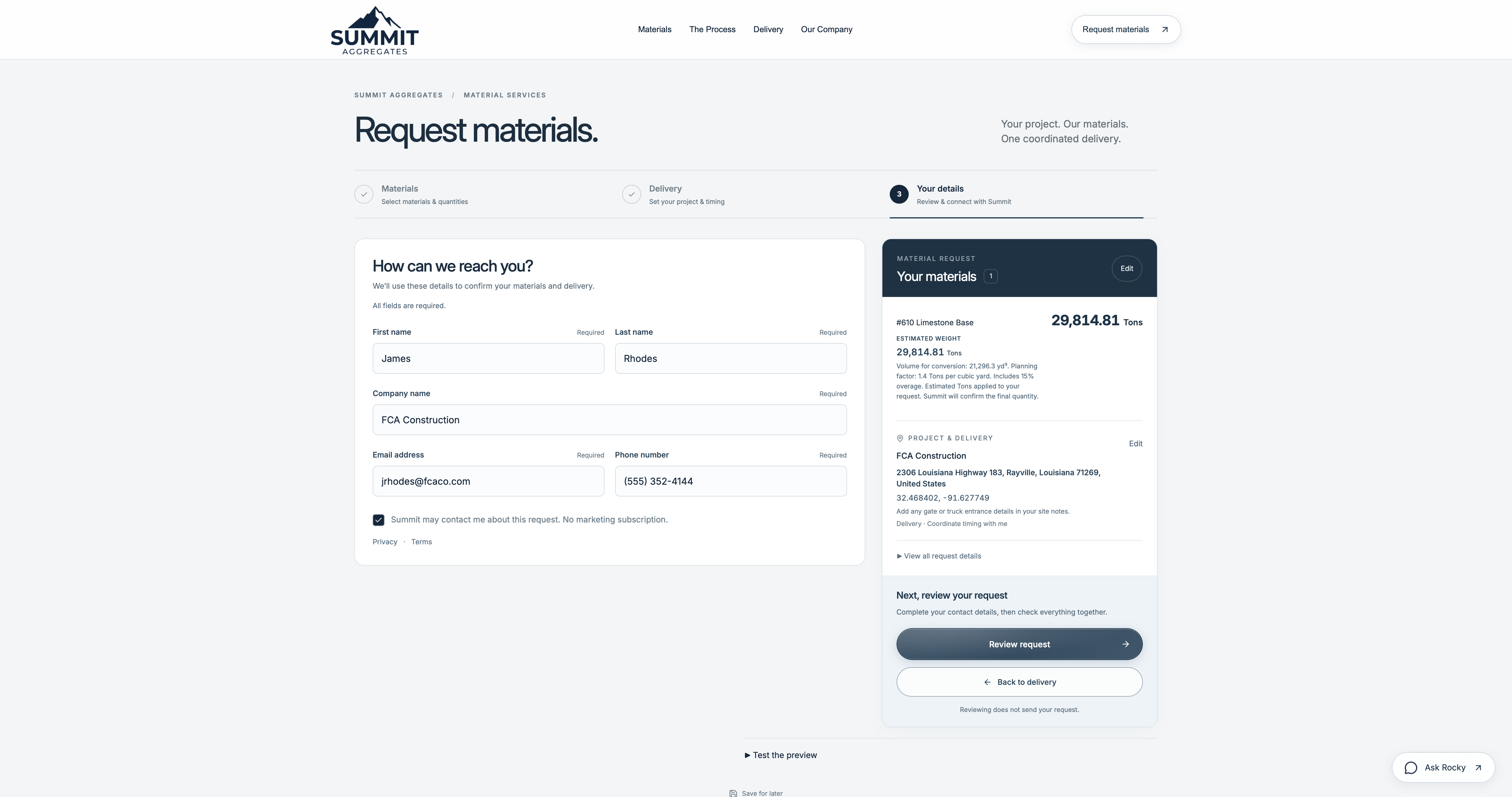 Summit Aggregates™ material request interface showing contact details, selected materials, quantities and delivery information for review.