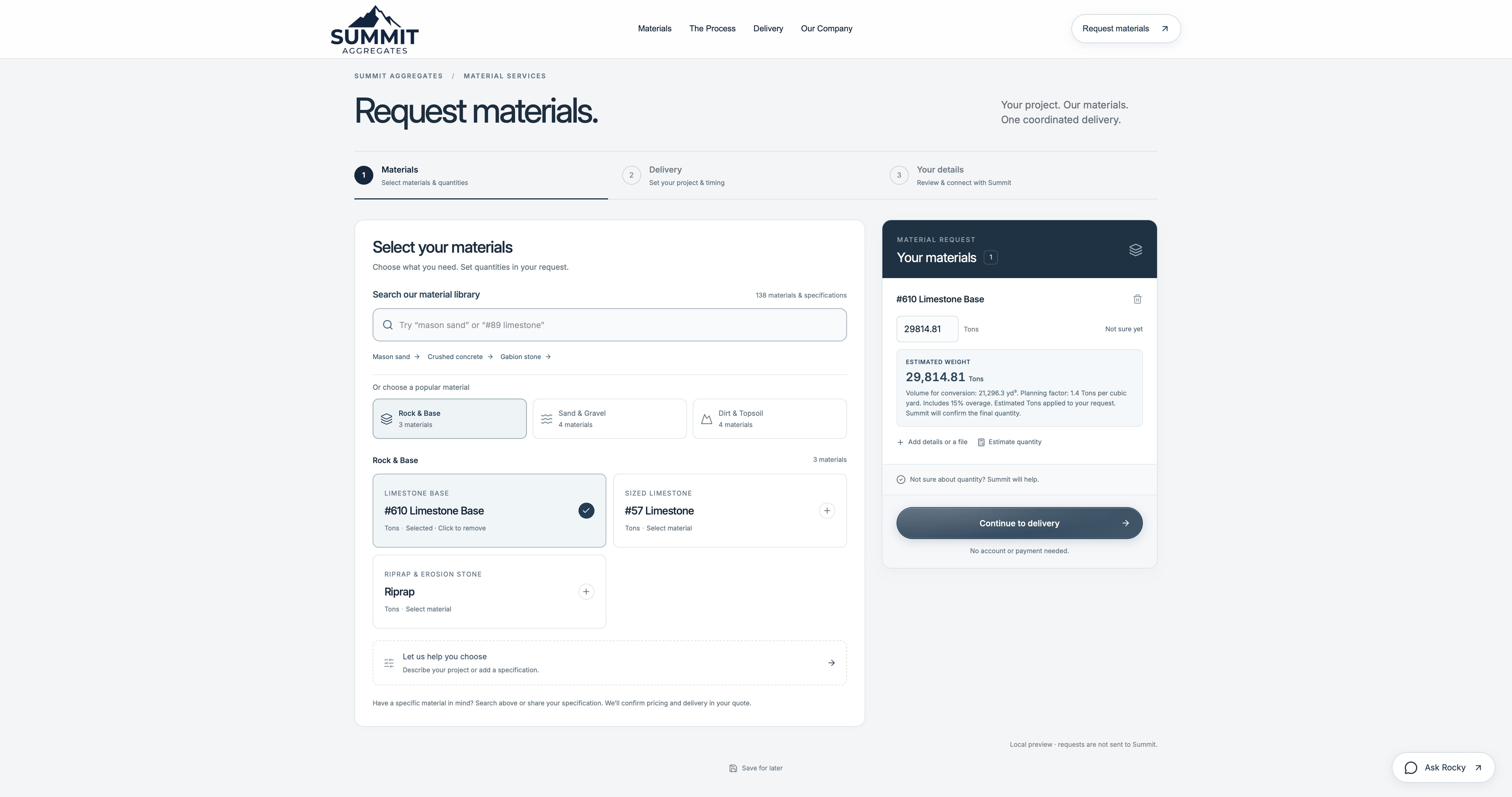 Summit Aggregates™ material selection interface showing the searchable material library, selected limestone base and estimated quantity.